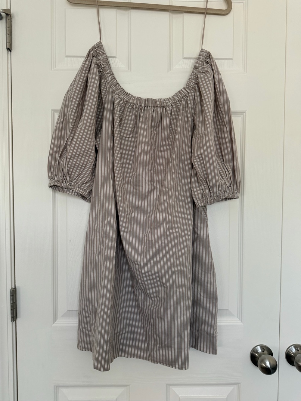 Off the Shoulder Taupe Striped Cotton Mini Dress
